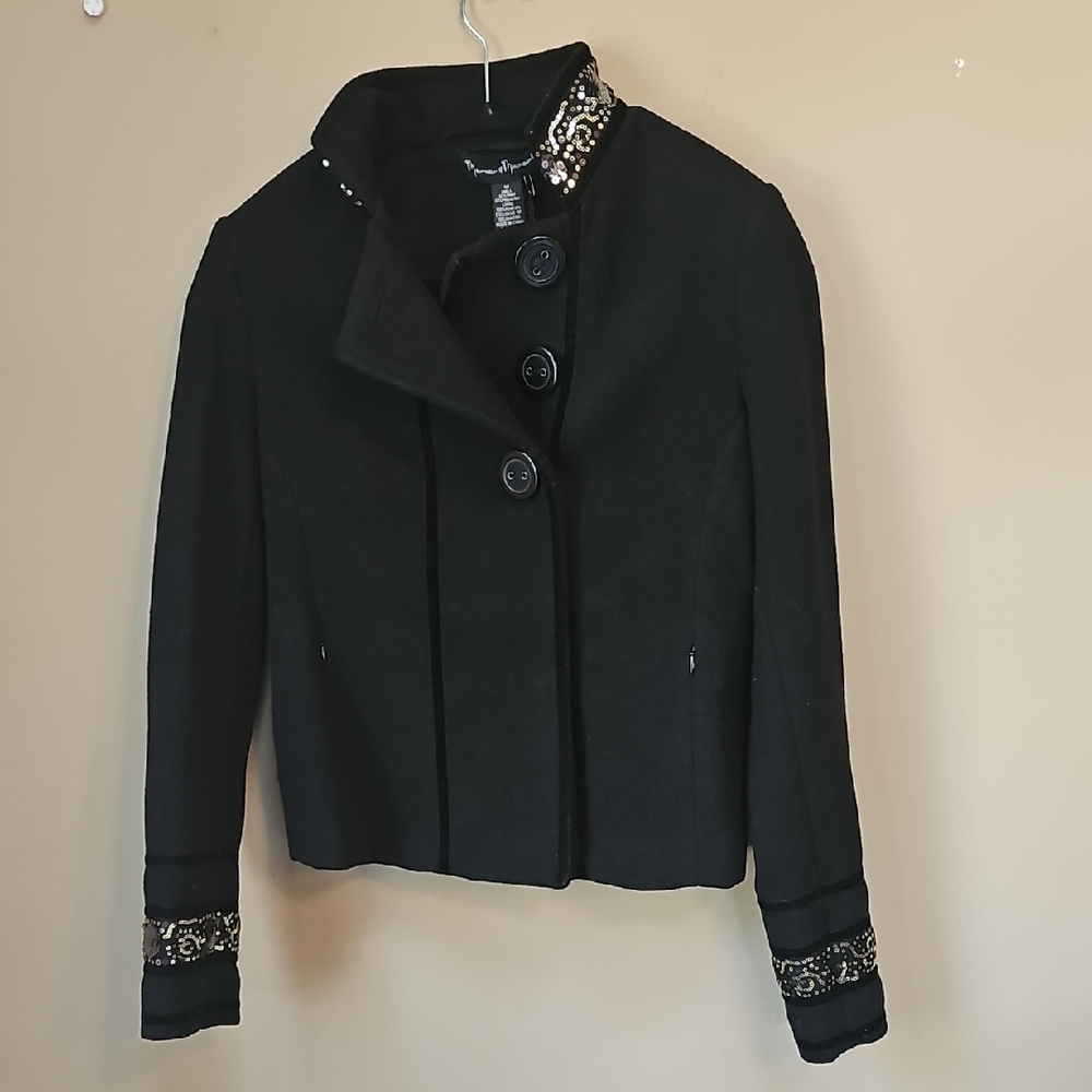 mercer & madison Black Embellished Wool Short Pea Coat